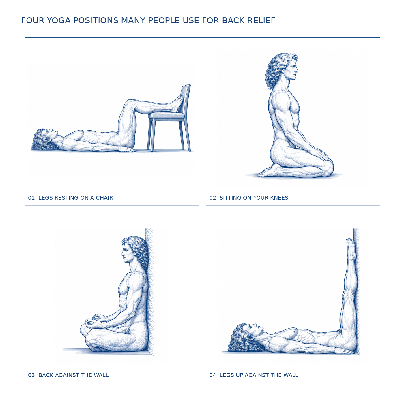 Four back relief positions: legs on a chair, sitting on your knees, back against the wall, legs up the wall